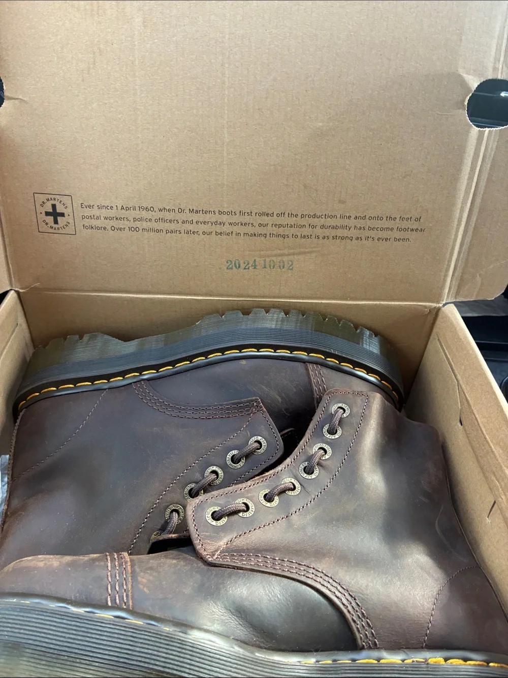 Dr. Martens Brown Leather 6-Eye Lace-Up Boots with Yellow Stitching